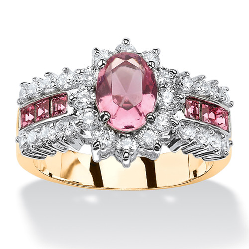 .82 TCW Oval Pink Crystal and CZ Two-Tone Halo Cocktail Ring Gold-Plated