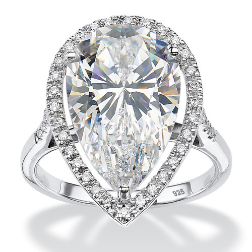 8.33 TCW Pear-Cut Cubic Zirconia Halo Ring in Platinum-plated Sterling Silver