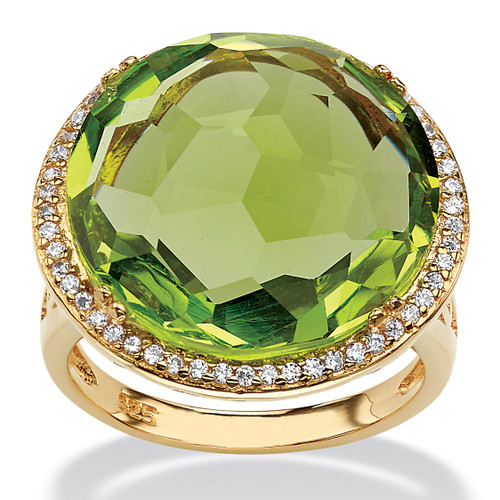 .27 TCW Checkerboard-Cut Green Glass and CZ Halo Cocktail Ring Gold-Plated