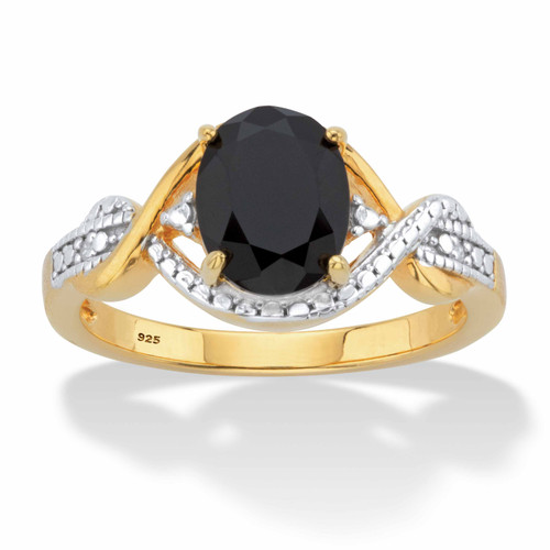 Oval-Cut Genuine Onyx and Diamond Accent Two-Tone Crossover Ring in 18k Gold-plated Sterling Silver