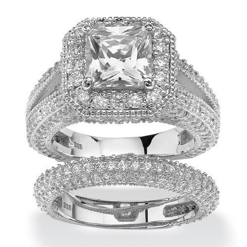 5.08 TCW Princess-Cut Cubic Zirconia Two-Piece Halo Bridal Set in Platinum-plated Sterling Silver