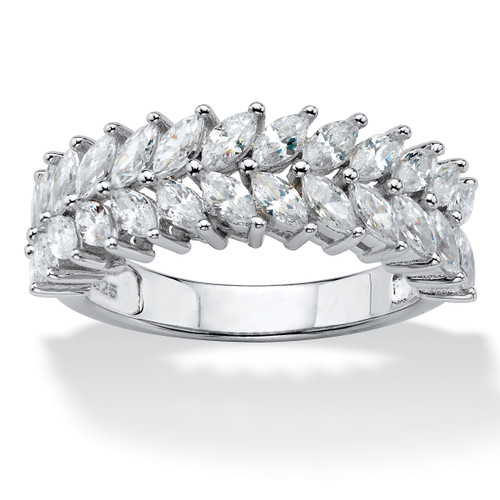 Marquise-Cut Cubic Zirconia Double Row Leaf Anniversary Ring 2.60 TCW in Platinum-plated Sterling Silver
