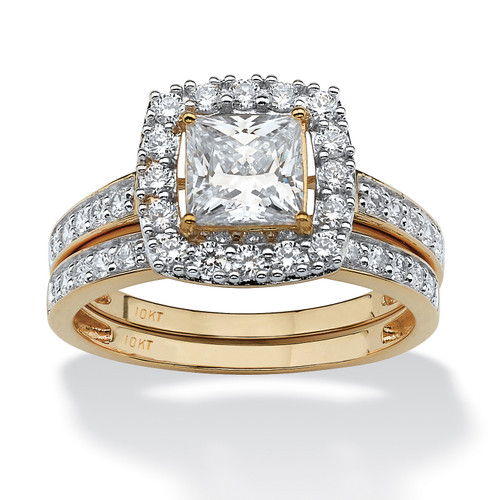 2 Piece 1.93 TCW Princess-Cut Cubic Zirconia Square Halo Bridal Ring Set in Solid 10k Gold