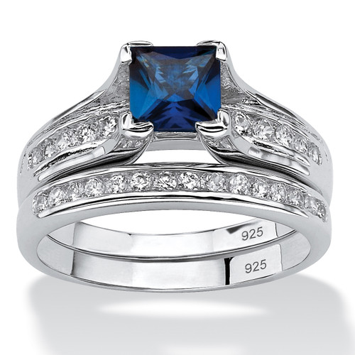 1.45 TCW Created Blue Sapphire CZ Platinum over Sterling Silver 2-Piece Bridal Set