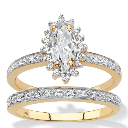 Marquise-Cut Created White Sapphire and Diamond 2-Piece Halo Wedding Ring Set 1.67 TCW in 18k Gold-plated Sterling Silver