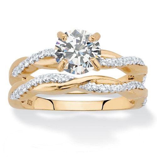 Round Cubic Zirconia 2-Piece Twisted Wedding Ring Set in 18k Gold-plated Sterling Silver 1.79 TCW