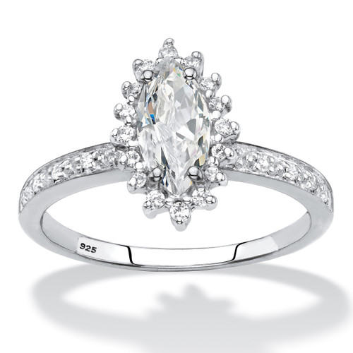 Marquise-Cut Created White Sapphire and Diamond Accent Halo Engagement Ring 1.60 TCW in Platinum-plated Sterling Silver