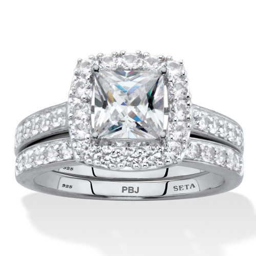 Princess-Cut Created White Sapphire 2-Piece Halo Wedding Ring Set 2.60 TCW in Platinum-plated Sterling Silver