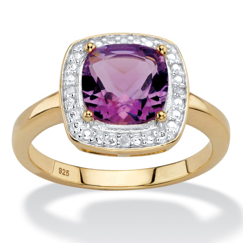1.84 TCW Genuine Cushion-Cut Purple Amethyst and Diamond Accent Pave-Style Halo Ring in 14k Yellow Gold over Sterling Silver