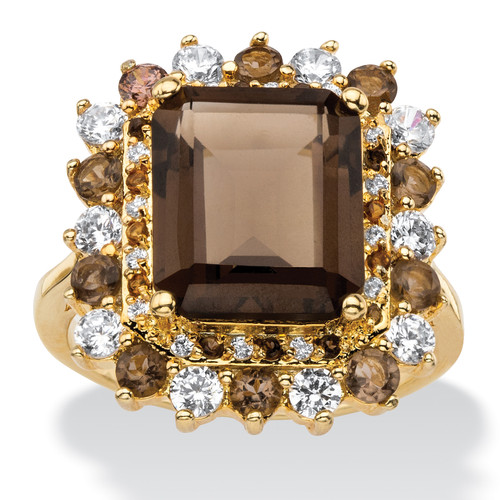 9.80 TCW Emerald-Cut Genuine Smoky Topaz and CZ Accent  Halo Cocktail Ring Gold-Plated