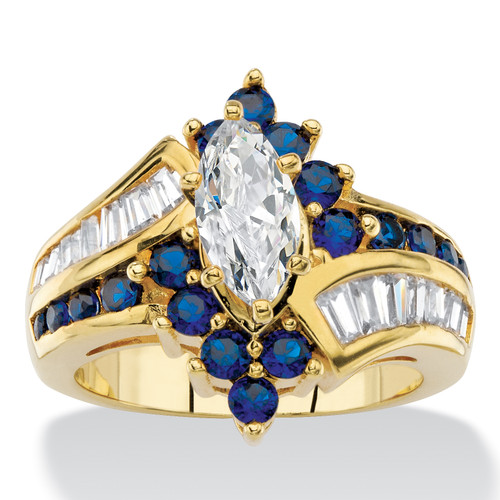 3.05 TCW Marquise-Cut Cubic Zirconia and Simulated Blue Sapphire Bypass Cocktail Ring Yellow Gold-Plated
