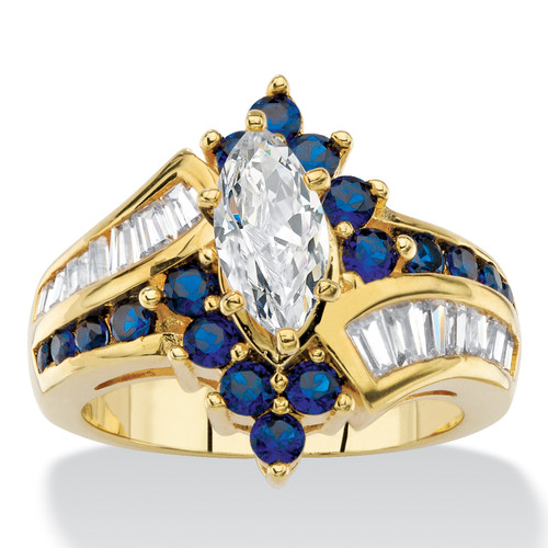 3.05 TCW Marquise-Cut Cubic Zirconia and Simulated Blue Sapphire Bypass Cocktail Ring Yellow Gold-Plated 