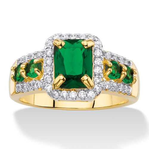 Emerald-Cut Simulated Green Emerald and Cubic Zirconia Halo Cocktail Ring 2.62 TCW Yellow Gold-Plated