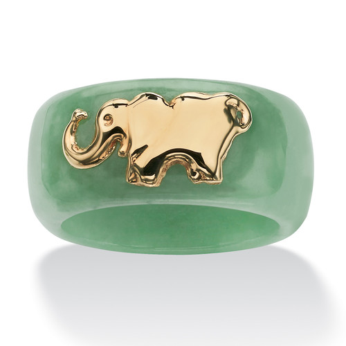 Round Genuine Green Jade 10k Yellow Gold Elephant Ring Band