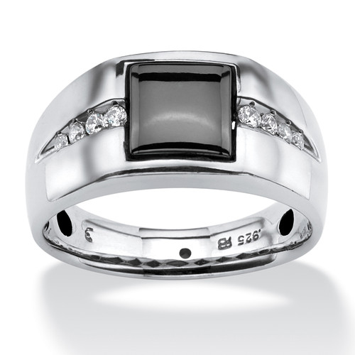 Men's .36 TCW Genuine Hematite and White Sapphire Ring in Platinum-plated Sterling Silver