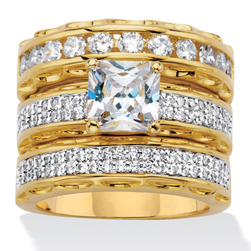 3.10 TCW Princess-Cut Cubic Zirconia Gold-Plated Wedding Three-Piece Ring Set