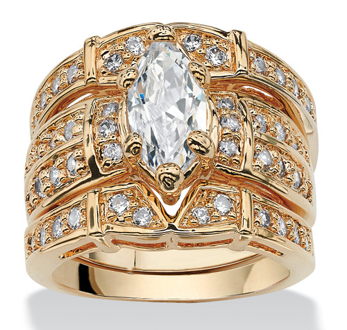 3.05 TCW Marquise-Cut Cubic Zirconia Gold-Plated Bridal Ring Set