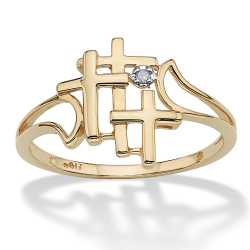Diamond Accent Triple Cross Ring in Solid 10k Yellow Gold 