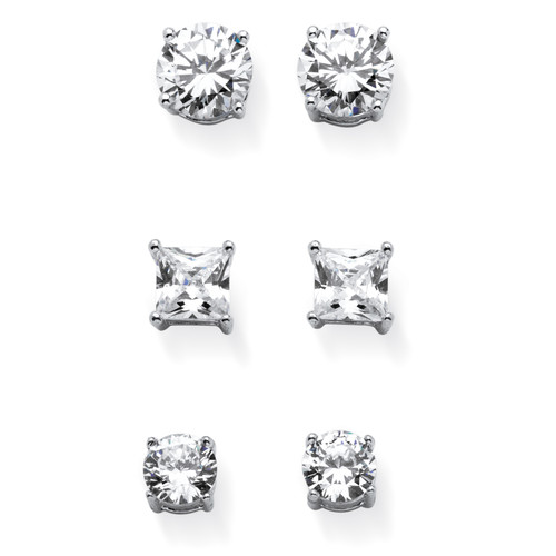 Round and Princess-Cut Cubic Zirconia 3-Pair Set of Stud Earrings 9.20 TCW in Sterling Silver