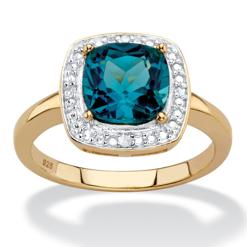 2.64 TCW Genuine Cushion-Cut London Blue Topaz and Diamond Accent Pave-Style Halo Ring in 14k Yellow Gold-plated Sterling Silver