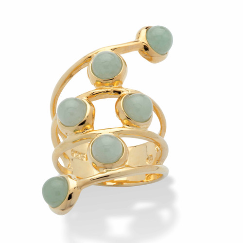 Round Genuine Green Jade Multi-Row Cabochon Wrap Ring in Gold-plated Sterling Silver