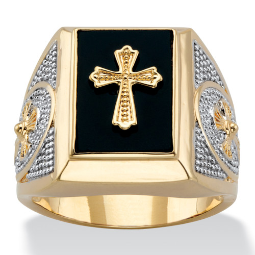 Men's Genuine Black Onyx Cabochon Textured Cross Ring Gold-Plated