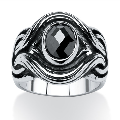 Men's 1.86 TCW Black Oval-Cut Cubic Zirconia Evil Eye Ring in Antiqued Stainless Steel Sizes 9-16