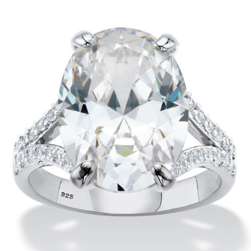 Oval-Cut Cubic Zirconia  Split-Shank Engagement Ring 9.80 TCW in Platinum-plated Sterling Silver