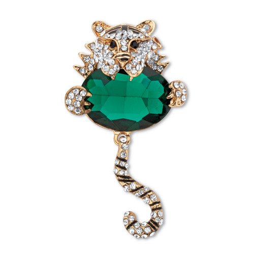 Black With Round White and Oval Green Crystal Tiger Pin Goldtone 2 1/3" Length