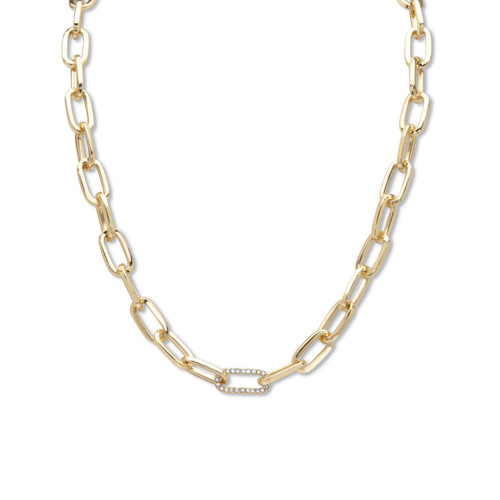 White Round Pave' Crystal Paperclip Chain Link Necklace Goldtone 18"- 20" Length