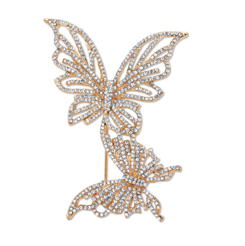 Round White Crystal Butterfly Pin Goldtone 2 1/2" Length