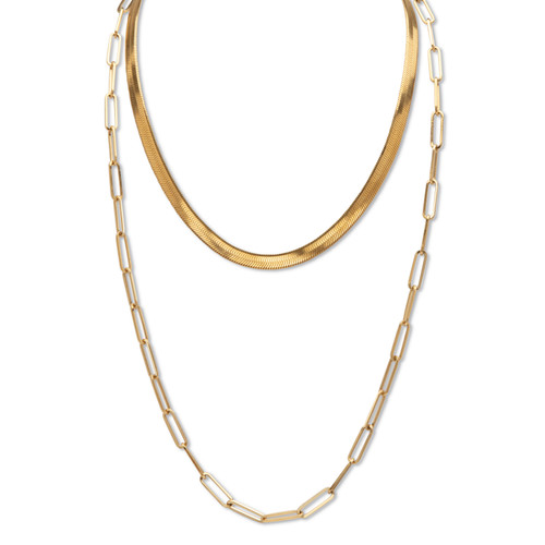 Herringbone and Paperclip Chain Link Necklace Gold Ion-Plated Stainless Steel 16"-19"