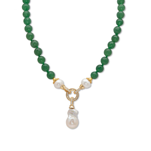 Genuine Green Jade & Removable Keshi Pearl Drop Beaded Necklace With CZ Accents (1.72 TCW) Gold-Plated 20" Length