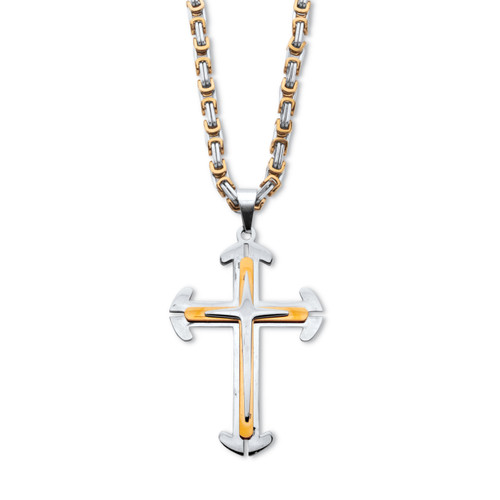 Men's Triple Layer Cross Pendant Necklace With Flat Byzantine-Link Chain Two-Tone Gold Ion-Plated Stainless Steel 24" Length