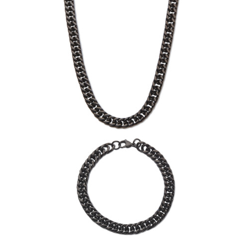 Men's 2 Piece Curb-Link Black Ion-Plated Stainless Steel Chain Set (8mm) 24" Necklace and 9" Bracelet Lengths