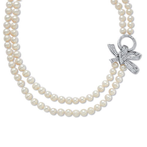 Genuine White Double Strand Pearl Necklace with Cubic Zirconia Bow 1.95 TCW  Silvertone 18' Length