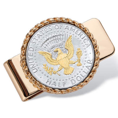 Men's Genuine Silver Half Dollar Coin Two-Tone American Eagle Money Clip in Goldtone