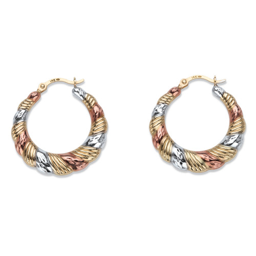 Diamond-Cut Banded Tri-Tone Hoop Earrings in 14k White, Yellow and Rose Gold 7/8"