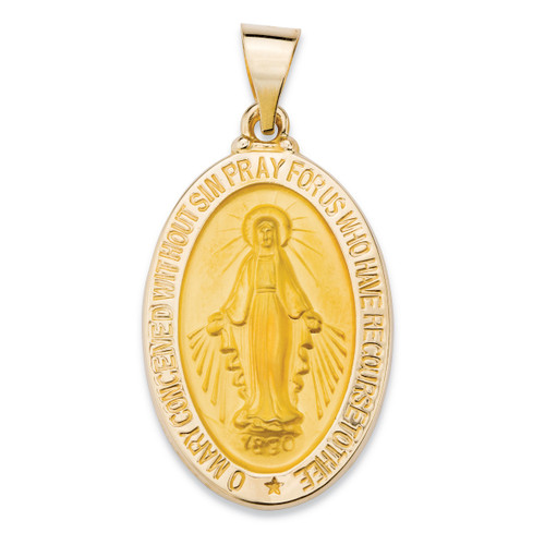Oval Miraculous Medal Virgin Mary Embossed Pendant in 14k Yellow Gold (1 1/3")