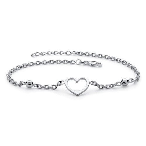 Heart Cutout Charm and Bead .925 Sterling Silver Rolo-Link Ankle Bracelet with Lobster Clasp 10"