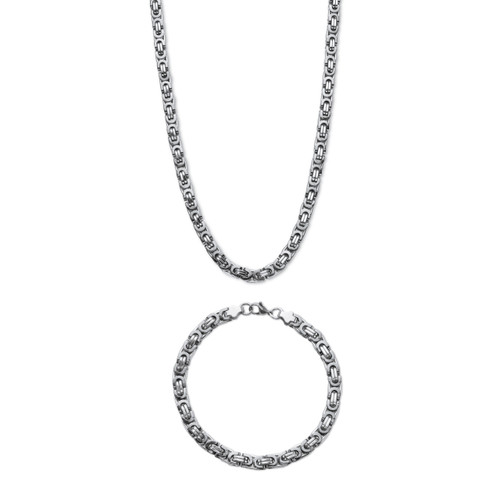 Men's 2 Piece Flat Byzantine-Link Stainless Steel Chain Set (6mm) 24" Length Necklace and 9" Length Bracelet