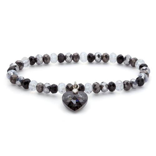 Faceted Black and White Crystal Beaded Heart Charm Stretch Bracelet in Silvertone 7"
