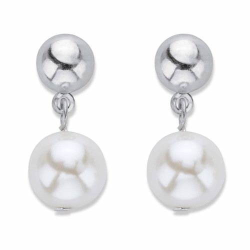 Round Cream Simulated Pearl Drop Earrings in Silvertone (10mm) 1"