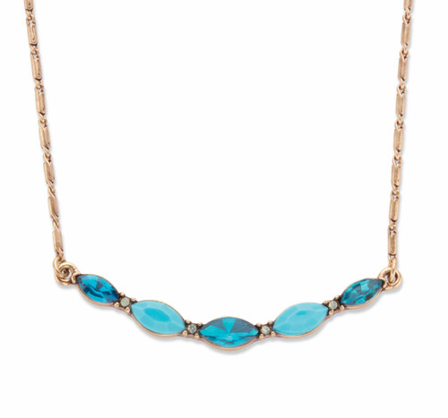 Marquise-Cut Blue Crystal and Simulated Turquoise Bar-Link Necklace in Goldtone 17"-19"