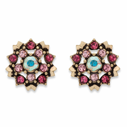 Aurora Borealis, Mauve and Pink Crystal Flower Button Earrings in Antiqued Goldtone 7.5mm