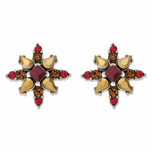 Red and Brown Multi-Cut Crystal Starburst Button Earrings in Antiqued Goldtone
