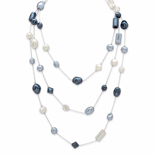 Round and Barrel Beaded Simulated White, Silver and Black Pearl Multi-Strand Necklace in Silvertone 60"