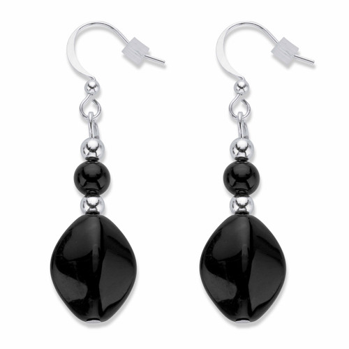 Black Cabochon Beaded Drop Earrings in Silvertone 17/8"