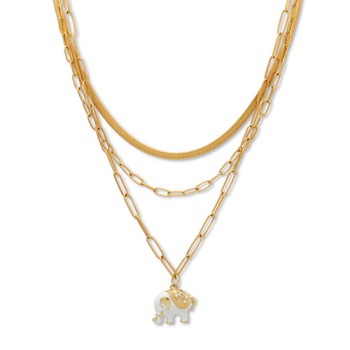 Yellow Gold Ion-Plated Multistrand Crystal Enamel Elephant Layered Necklace Set 16-19 Inch