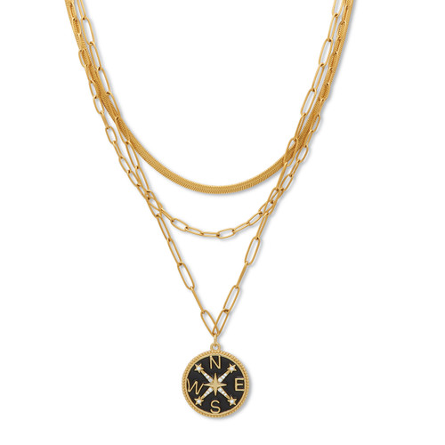 Yellow Gold Ion-Plated Multistrand Crystal Enamel Compass Layered Necklace Set 16-19 Inch